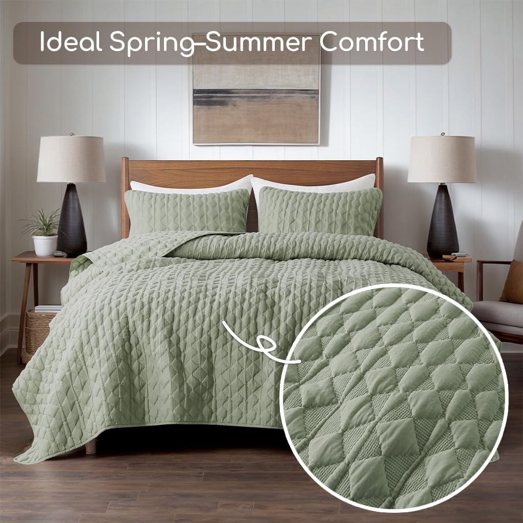 Sage Green Quilt Queen Bedding Sets with Pillow Shams, Lightweight Soft Bedspread Coverlet, Quilted Blanket Thin