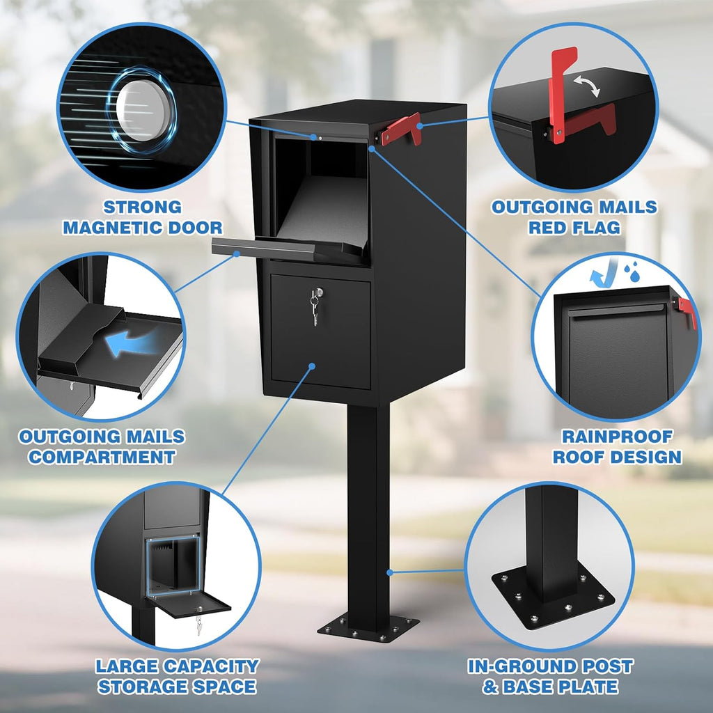 Curbside Large Mailbox with Post - Locking Mailbox Post Mount with Base Plate