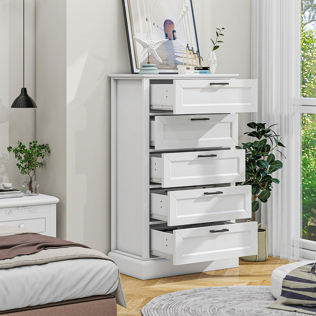 White Dresser with 5 Drawers, Vertical Storage, Wood Tall Dresser, Wooden Tall Chest of Drawers, Lingerie Chest