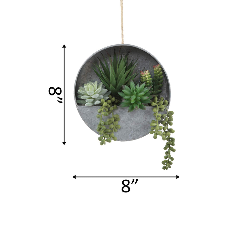 Modern Artificial Succulent in 8 inch Hanging Galvanized Tin Wall Planter, Boho wall Decor, Hanging Fake Plants Cactus
