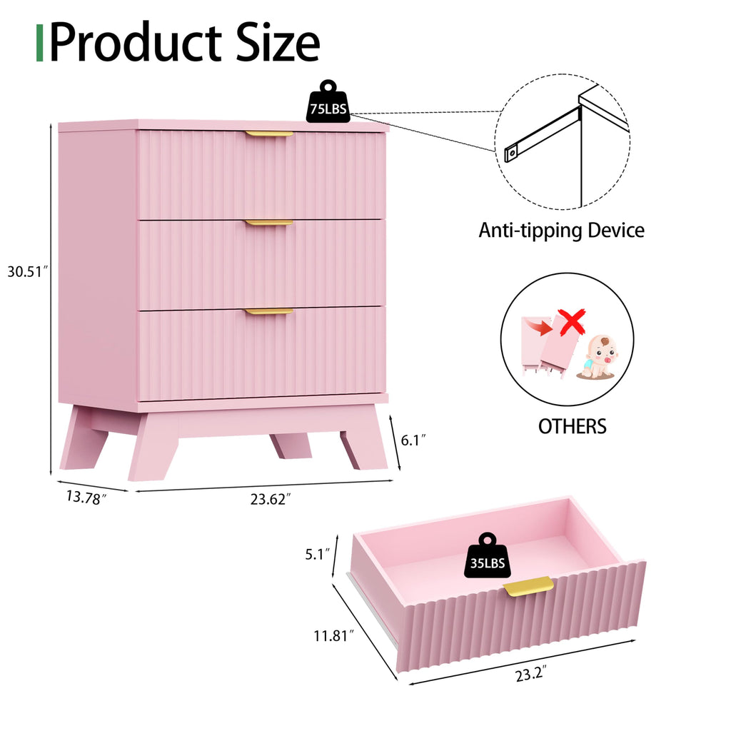 Fluted Dresser with 3 Drawers, 24" Wide Modern Chest of Drawers with Metal Handle, Wooden Dresser TV Stand, Wood