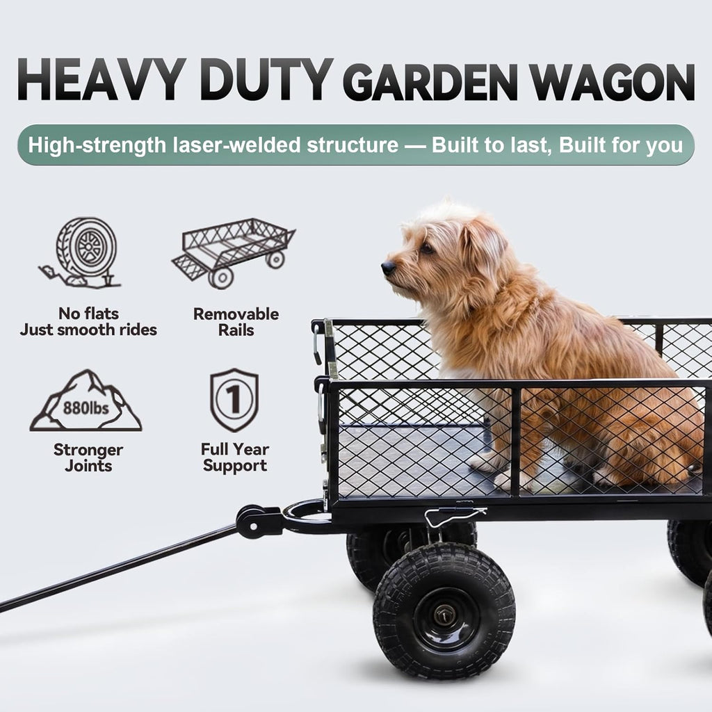 Heavy Duty Garden Wagon Cart - 880 LBS Steel Utility Cart with All-Terrain 3.50-4" Solid Wheels, 10" Tires, 180°