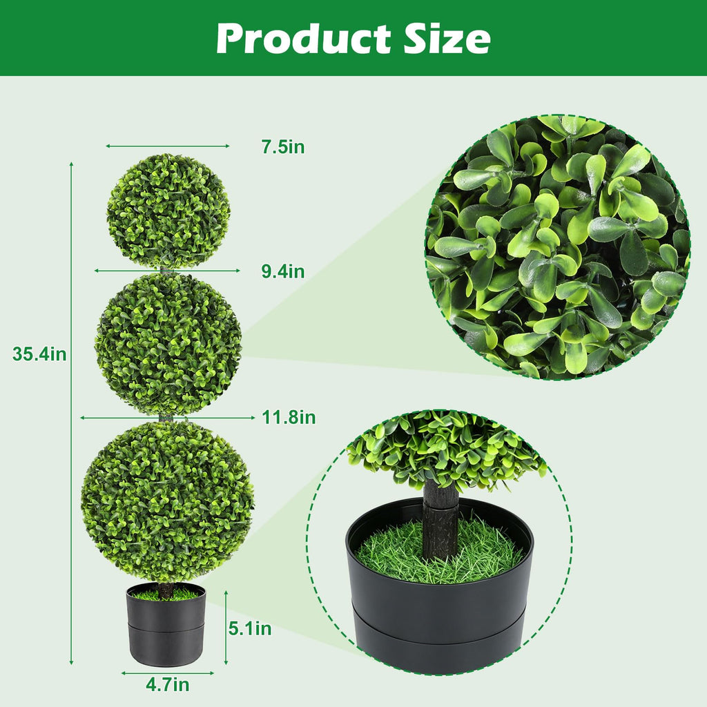 3FT Realistic Artificial Boxwood Triple Ball Topiary Tree with Pot/Ground Stake, UV-Resistant Faux Topiary Plant