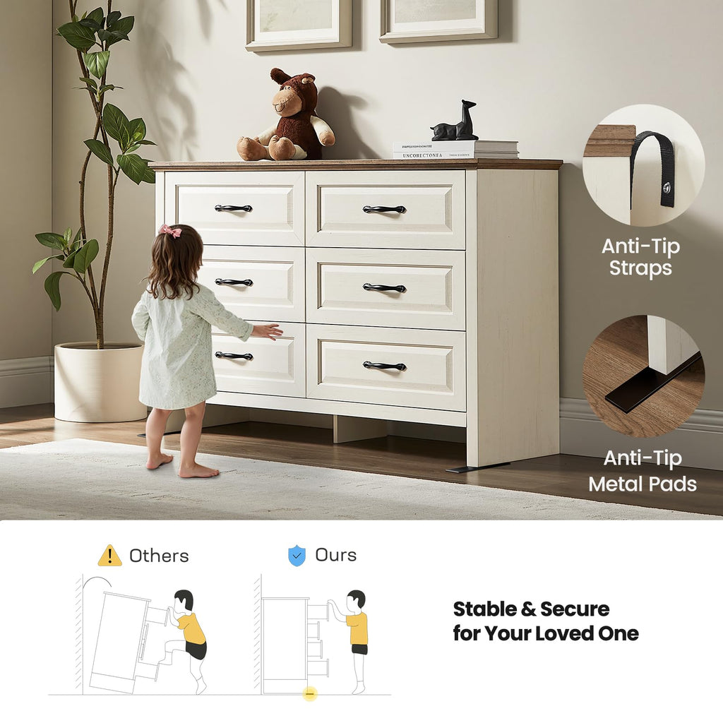 Farmhouse 6 Drawer Dresser, Wood with Natural Texture, Brown & White