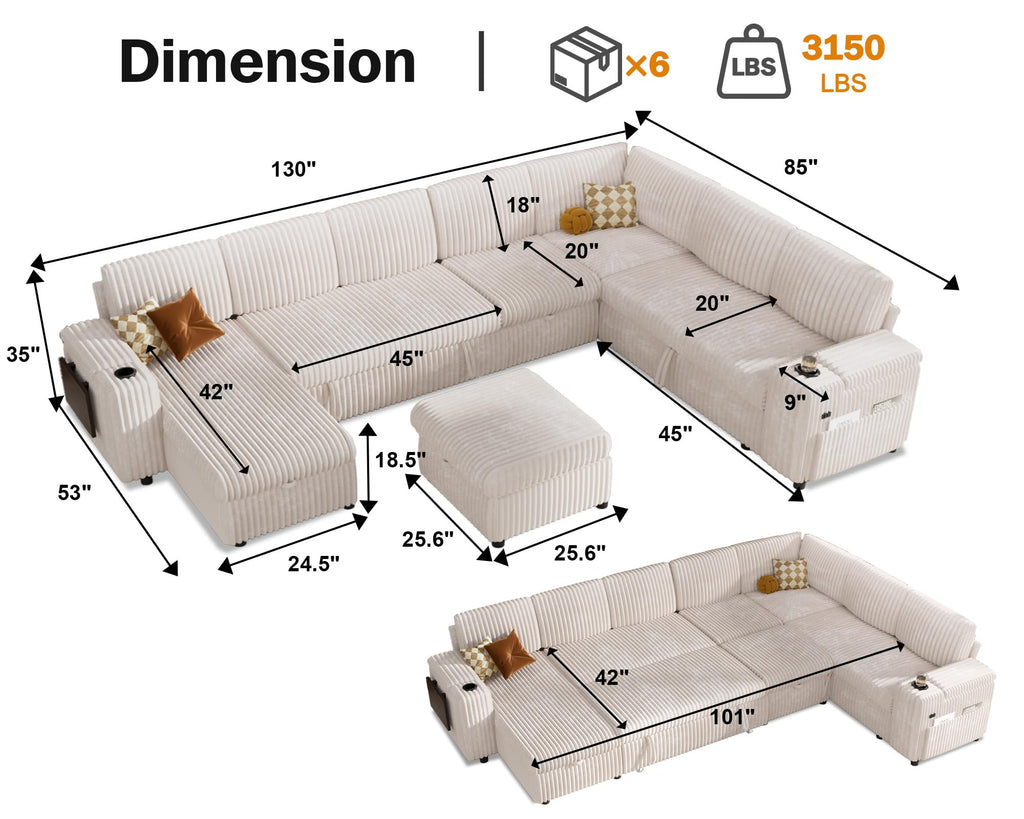 130" Modular Sectional Sleeper Sofa with Pull Out Bed, 9 Seat Corduroy L Shaped Couch with Ottoman and Chaise|USB
