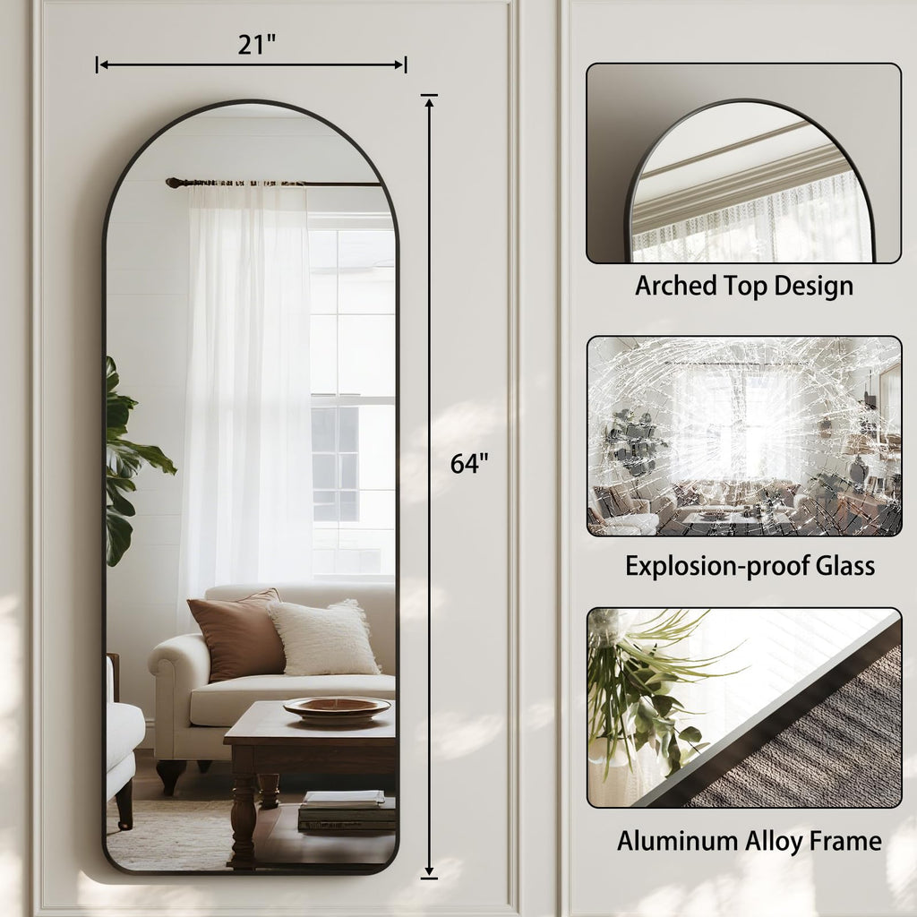 Arched Full Length Mirror, 64"x21" Full Body Mirror with Stand