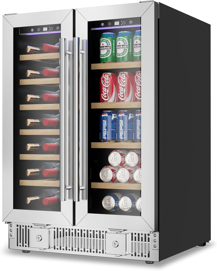 24 Inch Dual Zone Wine and Beverage Refrigerator, Wine Cooler with Glass Door Ho
