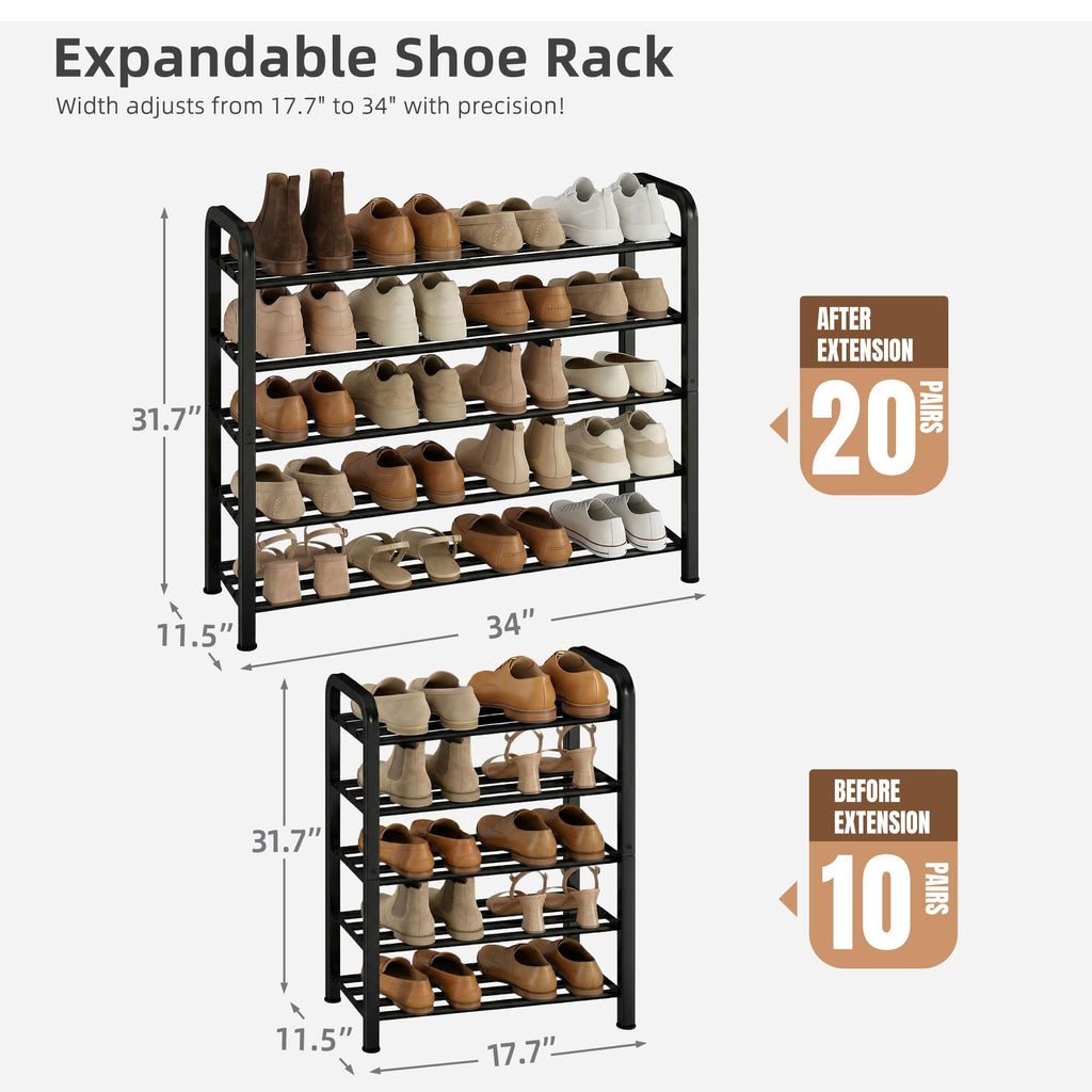 5-Tier Expandable Shoe Rack, 20 Pairs Adjustable Shoe Shelf for Closet, Entryway, Hallway, Garage, Dorm, Heavy-Duty