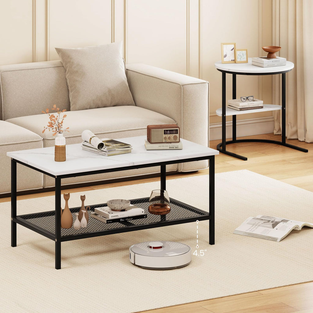 Nesting Coffee Set of 2, 2 PCS Nesting Tables with Faux Marble Top and Extra Storage Shelf, Modern Round End &