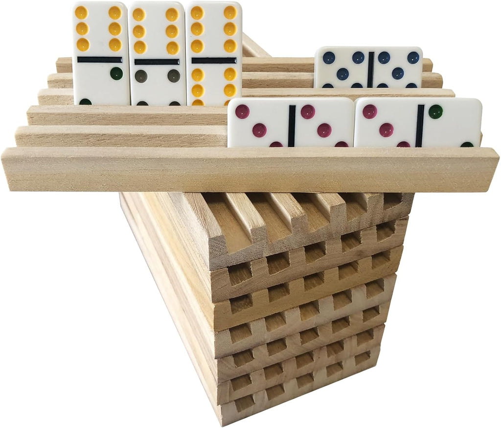 Domino Holder Trays Rack Wooden Tiles Stand Holders for Mexican Train Rummy Chickenfoot - Set of 8