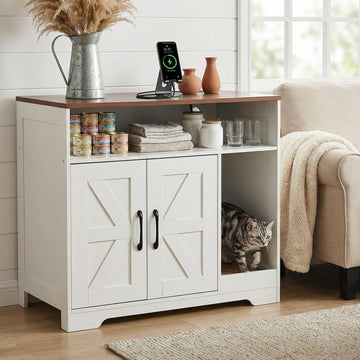Cat Litter Box Enclosure Furniture with 2-Tier Storage, Hidden Cat Litter Box Cabinet with Scratch Pad & Charging