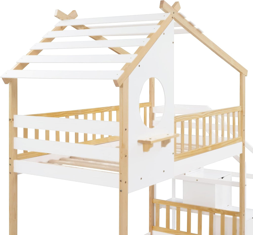 Wood Twin House Bunk Bed with Stairs, Kids Twin Bed Frame with Window and Roof