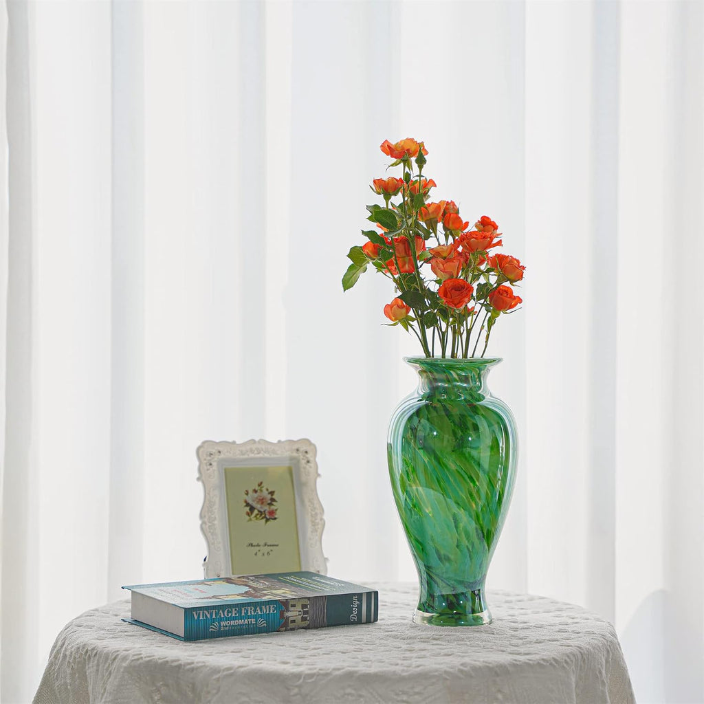 Hand Blown Green Classic Vase Decor, 11.5Inch Glass Flower Vase