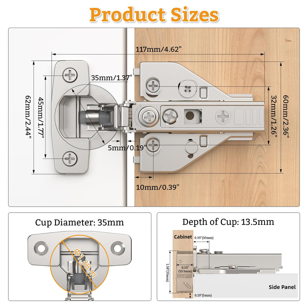 4 Pack Full Overlay Cabinet Hinges, 4D Adjustment, Soft Close 105°