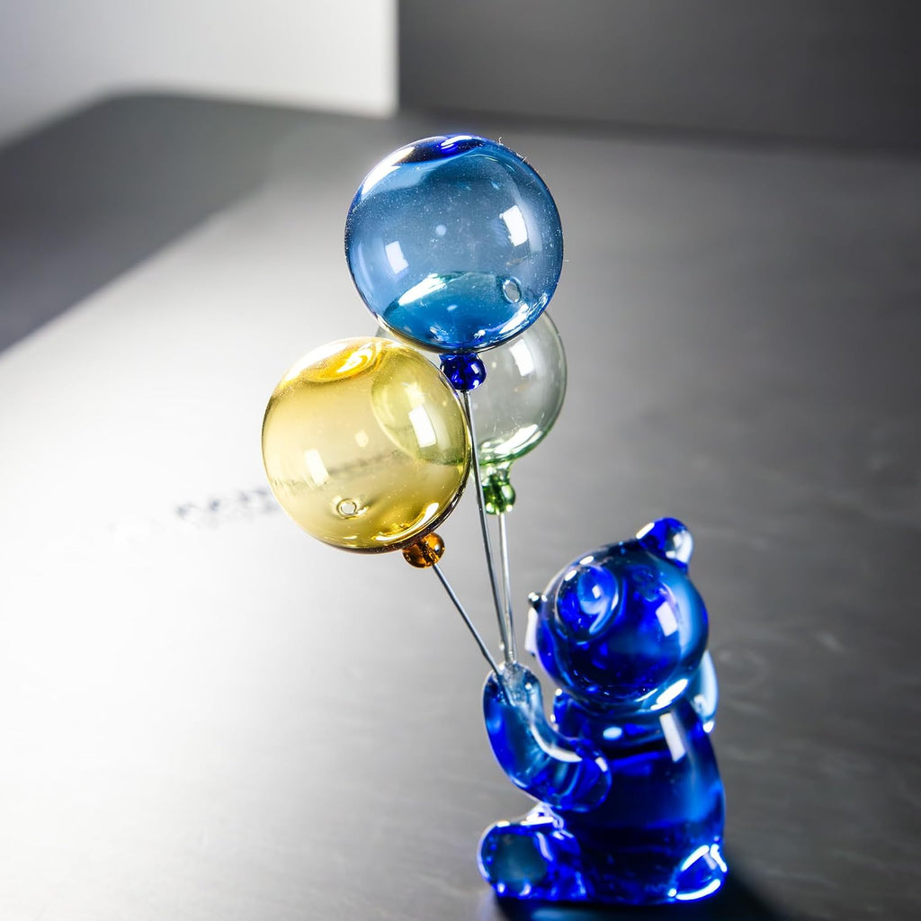 Hand-Blown Glass Bear Figurine with Balloons, Sapphire Blue Animal Sculpture, Kawaii Room Decor & Refreshing Desk