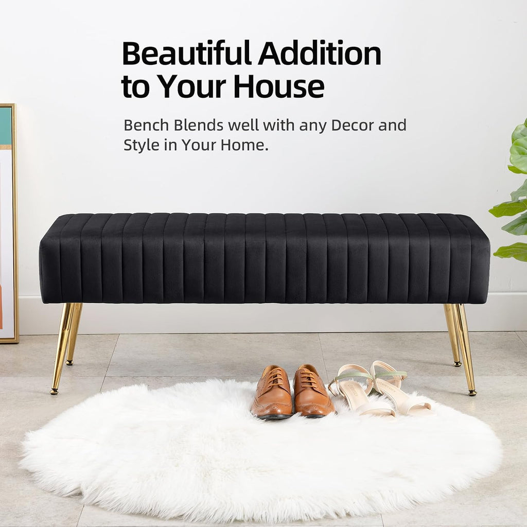 44 Inch Bedroom Bench, Upholstered Tufted Striped Fabric Ottoman Benches with X-Shaped Metal Legs Solid Wood Indoor