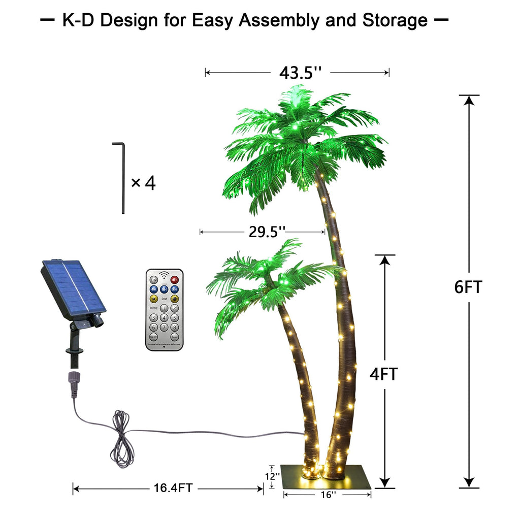 Solar Lighted Palm Tree 6FT 4FT Artificial Palm Tree Decor for Outdoor 184 LED Light up Fake Tree for Indoor Outside