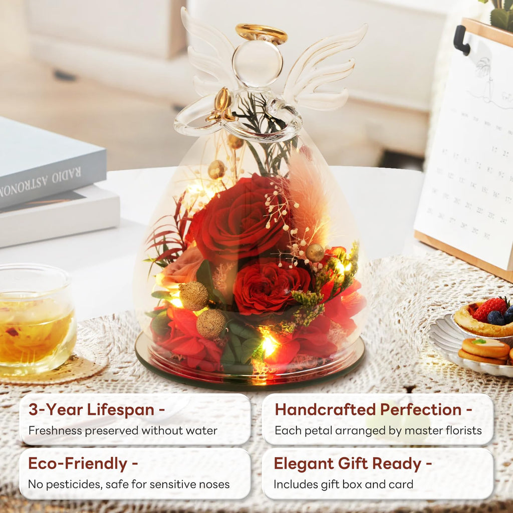 Red Preserved Rose Glass Angel Figurine, Romantic Gifts for Wife Girlfriend, Real Forever Flower I Love You