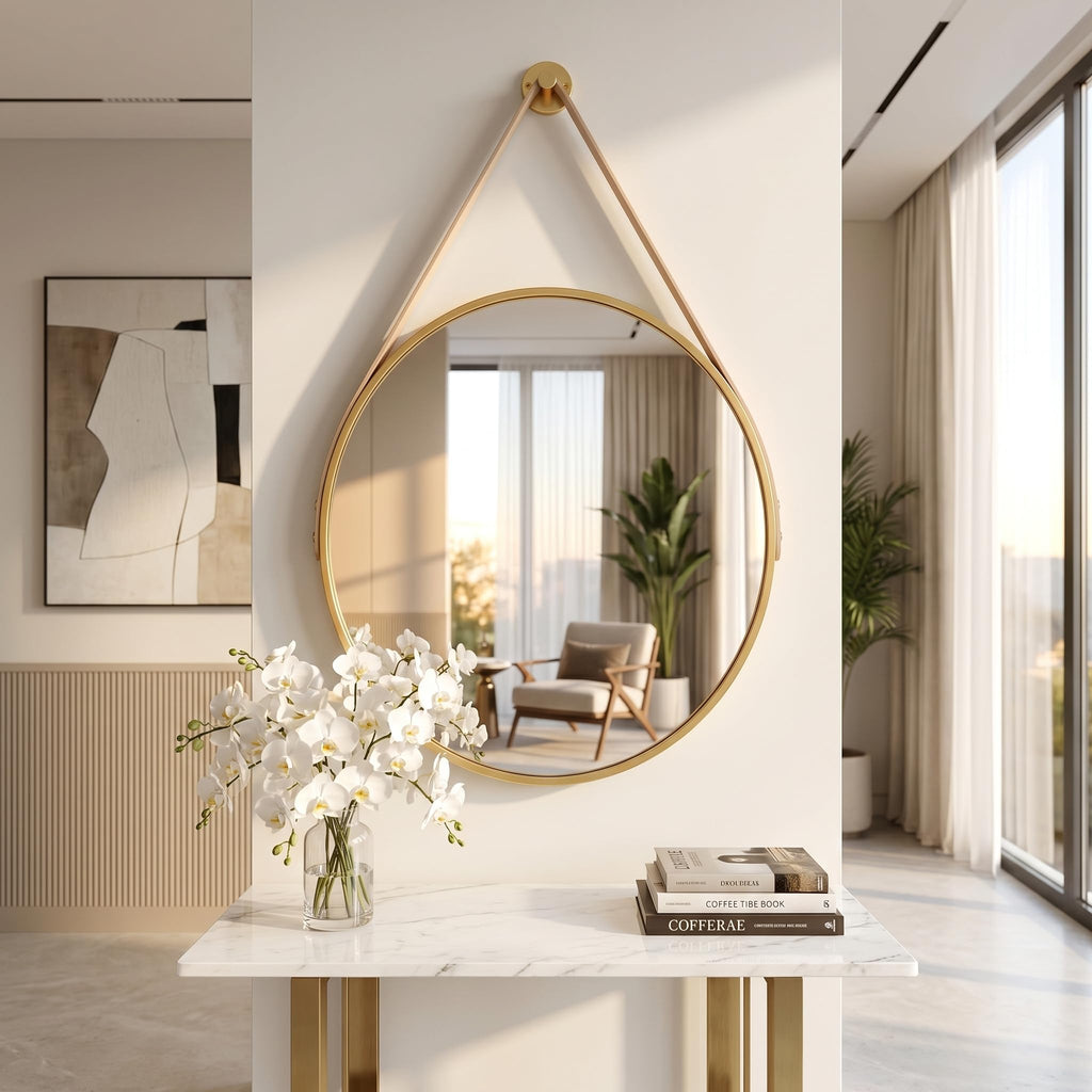 20" Gold Round Mirror, Circle Wall Mirror with Leather Strap