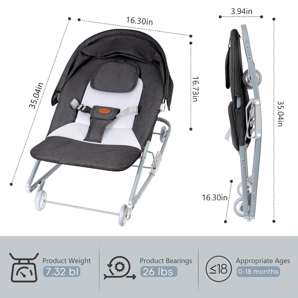 Rocking Baby Bouncer with Canopy, Mode Rocking & Rolling Infant Seat, Portable Baby Chair for 0-18 Months(Grey)