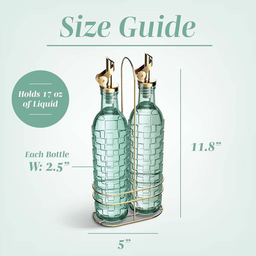 Glass Olive Oil Bottle Dispenser - 2 Pack- 17oz Oil and Vinegar Cruet - Olive Oil Carafe Decanter, Checkered, Green - Set of 2