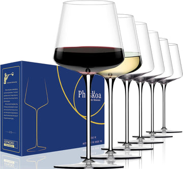 White Red Wine Glasses Set of 6 - 18oz Clear【Hand Blown】 Crystal Wine Glass - Tall Long Stem Modern Wine Glasses