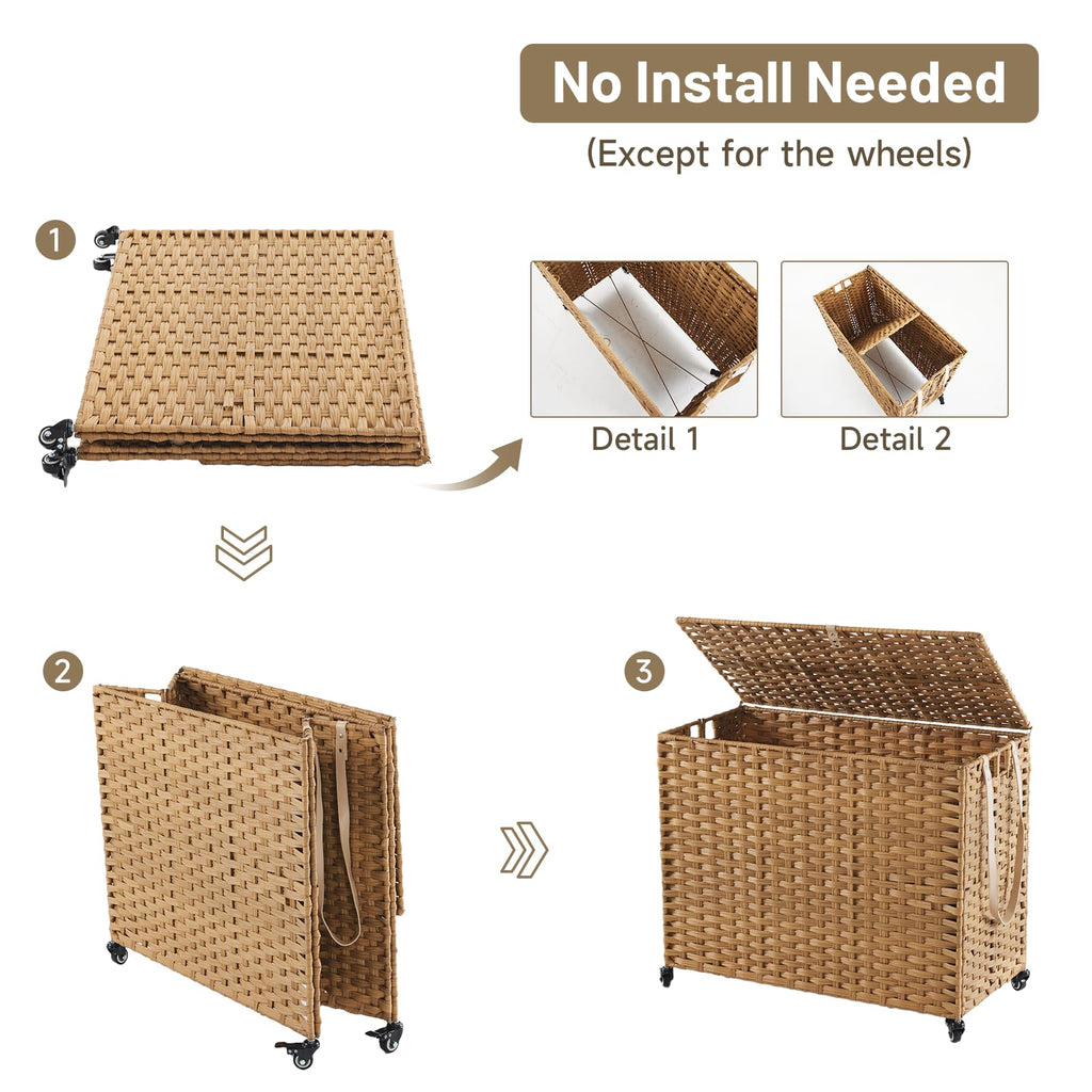 Laundry Hamper with Wheels, 52.8 Gallon(200L) Rolling Laundry Basket with Lid, 3-Section Rattan Clothes Hamper with 3