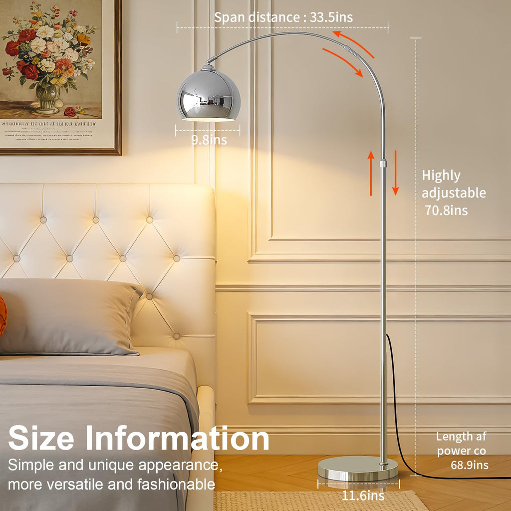 Glossy Chrome Silver Arc Floor Lamp with 12W LED Remote Dimming