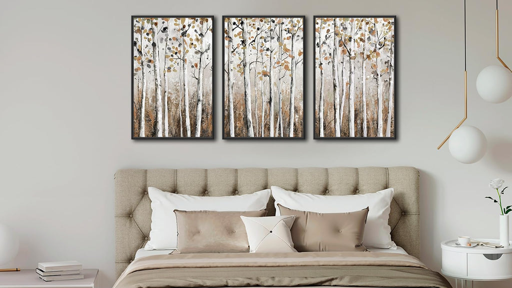 Large Framed Tree Wall Art, Abstract Birch Forest Decor, 20"x28" Set of 3
