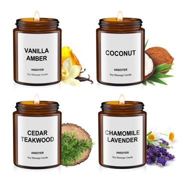 Massage Candles, 4PCS, Vanilla Amber/Coconut/Cedar Teakwood/Chamomile Lavender