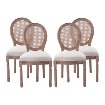 French Country Dining Chairs Set of 4, Farmhouse Fabric Chairs with Round Back, Rattan Dining Chair, Oval Side Chairs