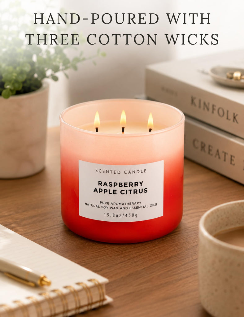 Raspberry Apple Citrus Scented Candle, Fruity 3-Wick Soy Candle, 15.8 Oz