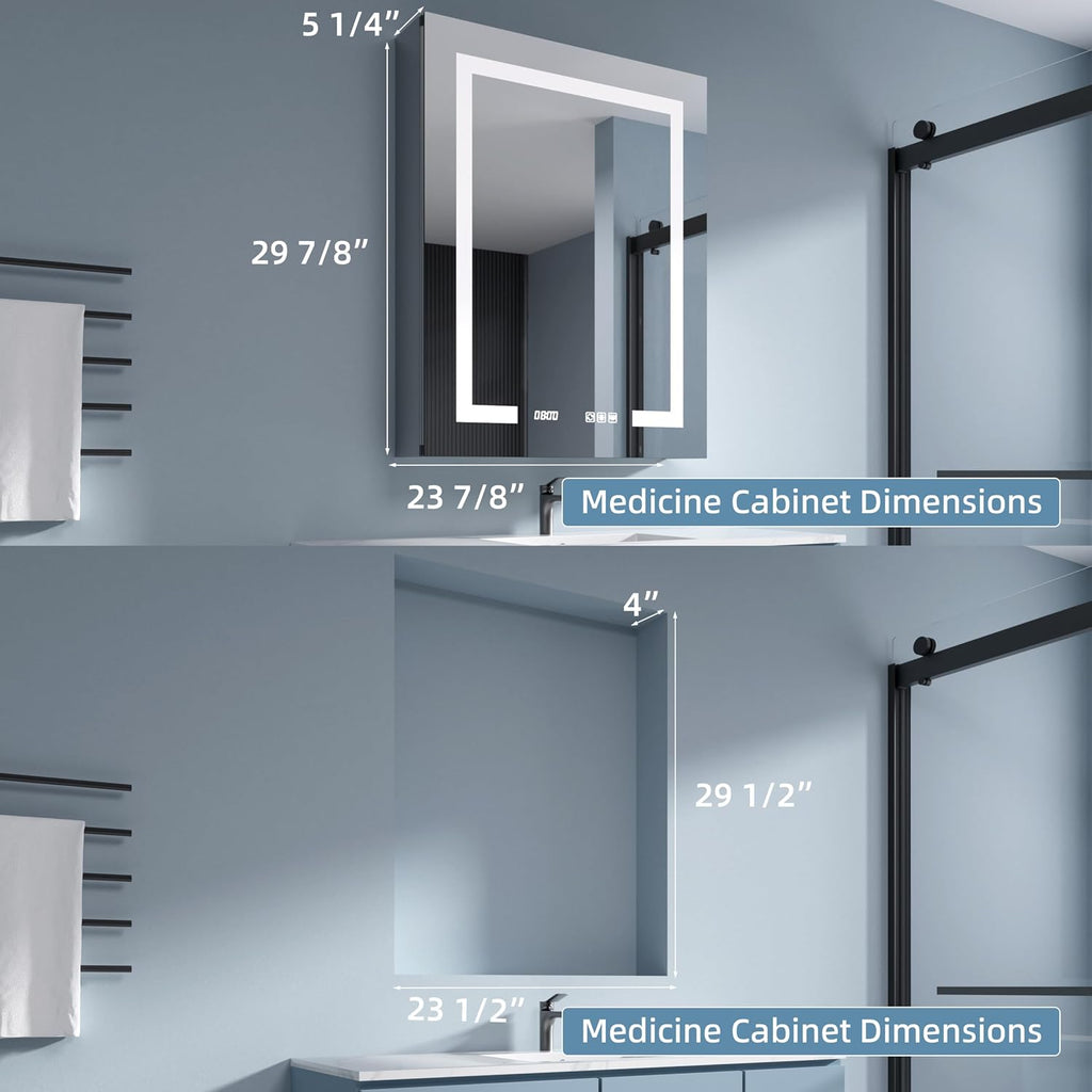 LED Medicine Cabinet 24x30 Anti-Fog Mirror Dimmable Recessed Mount | 3 Color Dimmable LED. Time Temp Display.