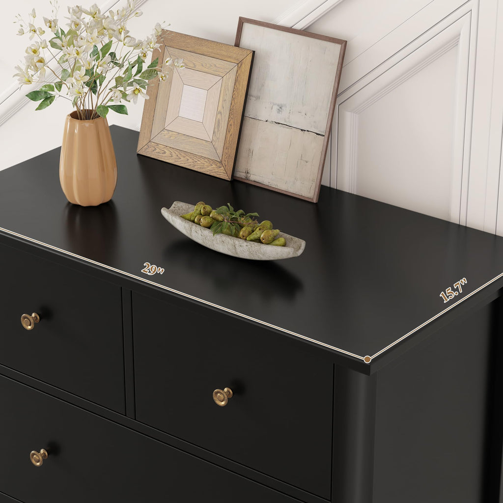 Black with 5 Drawers, Chest of Drawers, 5 Drawers | 29" W Modern Wood with Practical 2 Size Drawers, Space-Saving