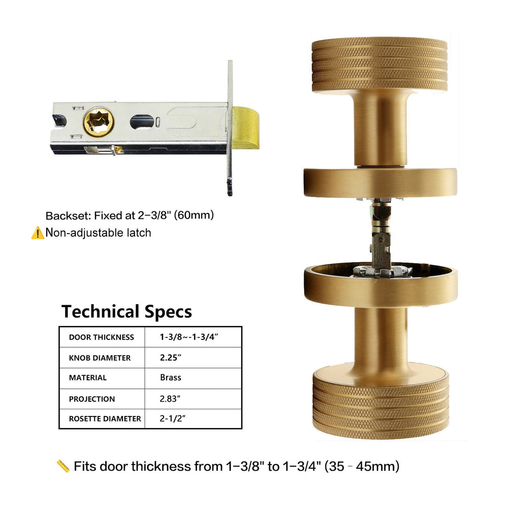 Knurled Solid Brass Passage Door Knob, Fixed 2-3/8" Backset