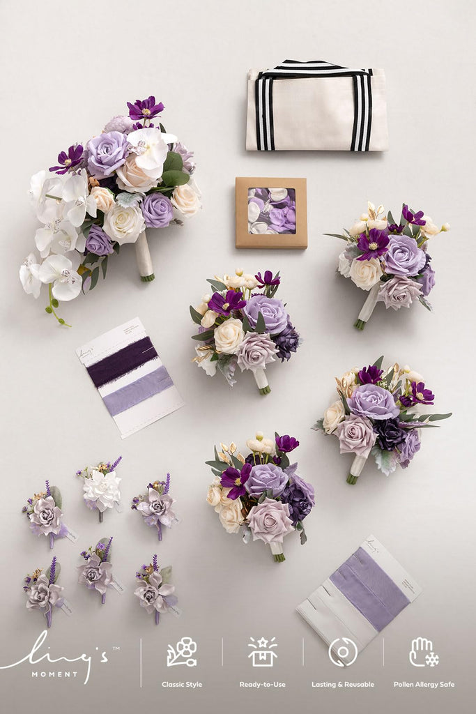 Wedding Artificial Flowers Package, Sage Orchid Purple Cream