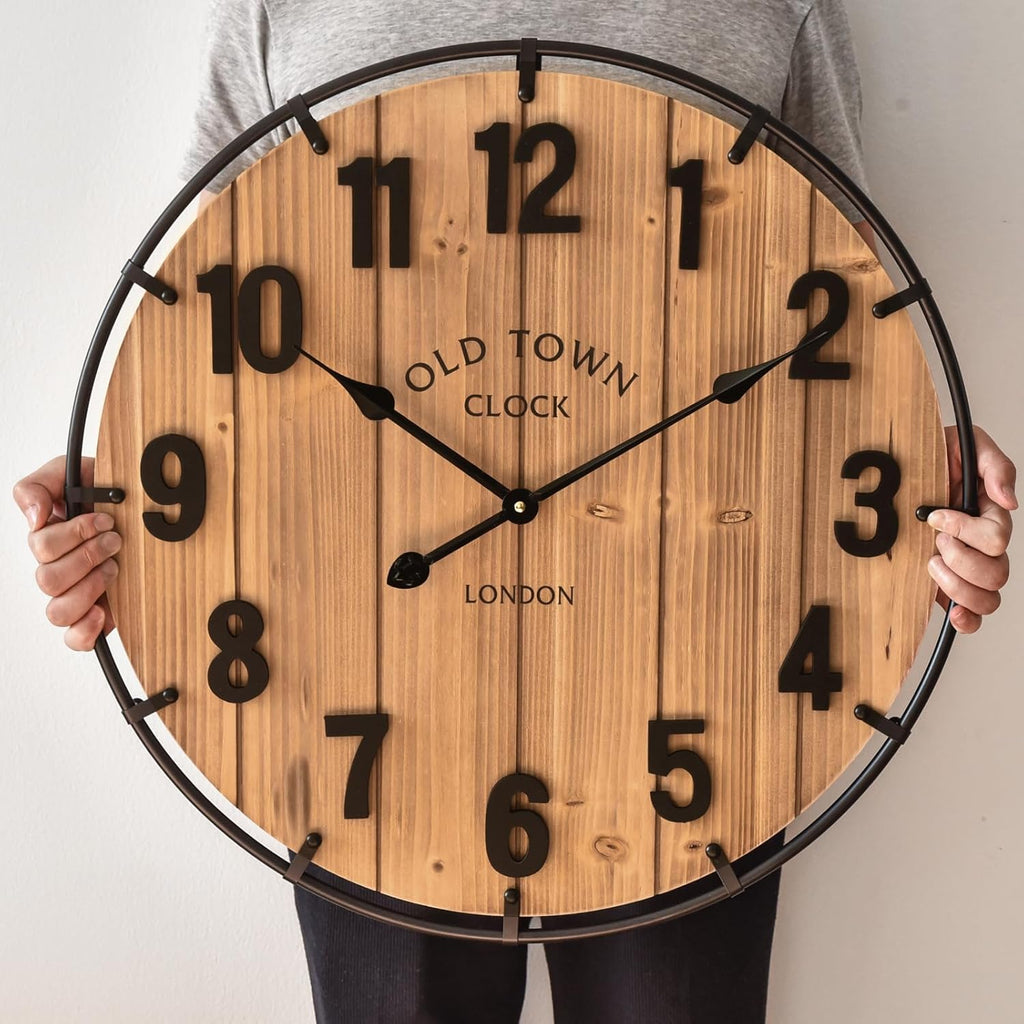 Large Old Town Farmhouse Wall Clock 24 Inch Rustic Antique Wood with Metal Circle and Large Numerals Silent Battery