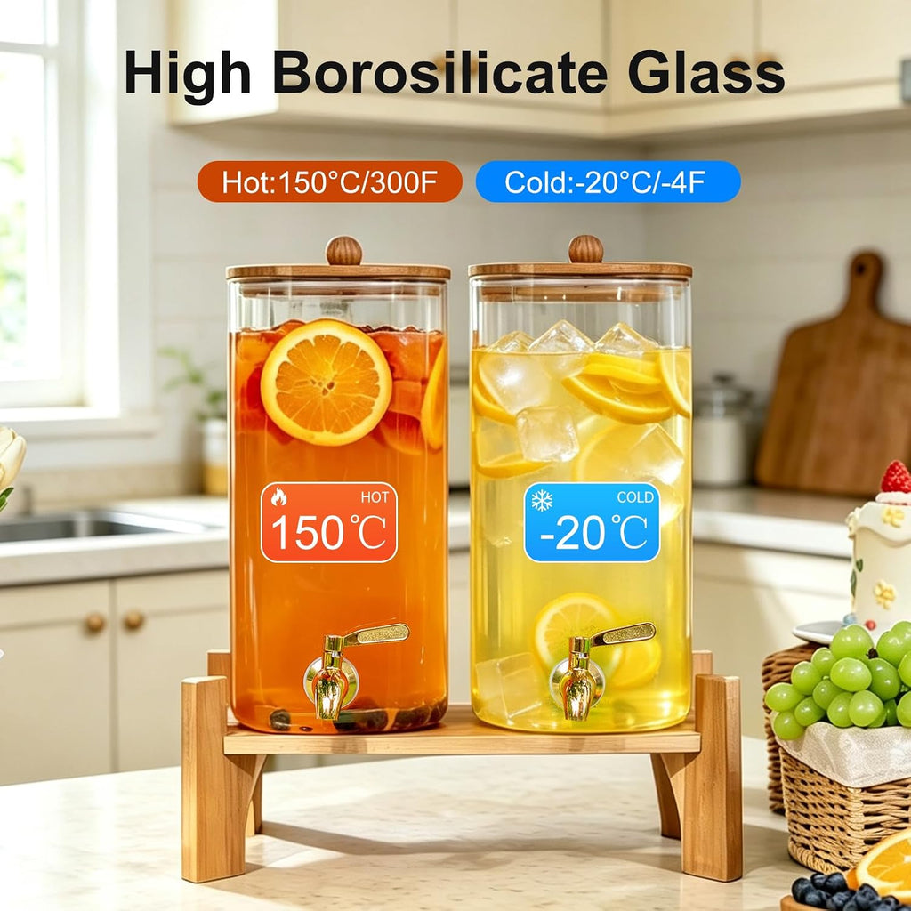 1.5 Gallon Square Drink Dispensers for Parties,Beverage Dispenser with Wood stand&Lid,Large Water Dispenser - Set of 2