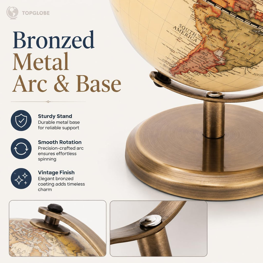 5.5 Inches Antique World Globe Rotating Bronzed Metal Desk Stand
