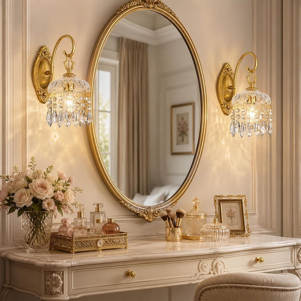 Crystal Wall Sconces Set of 2, Gold Hardwired Wall Sconce with Faceted Glass Shade and Crystal Drops, Vintage