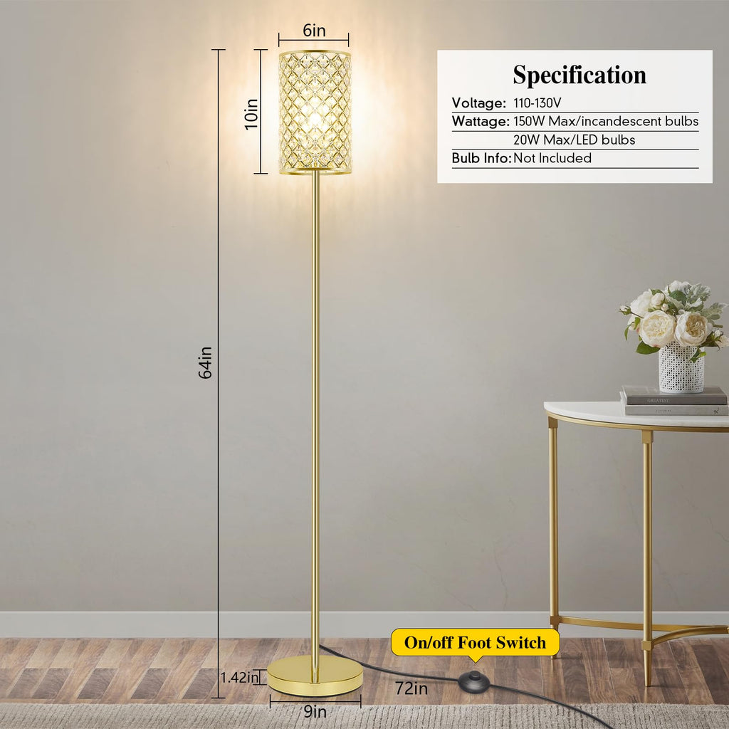 Gold Floor Lamp, Crystal Tall Pole Lamp with On/Off Foot Switch