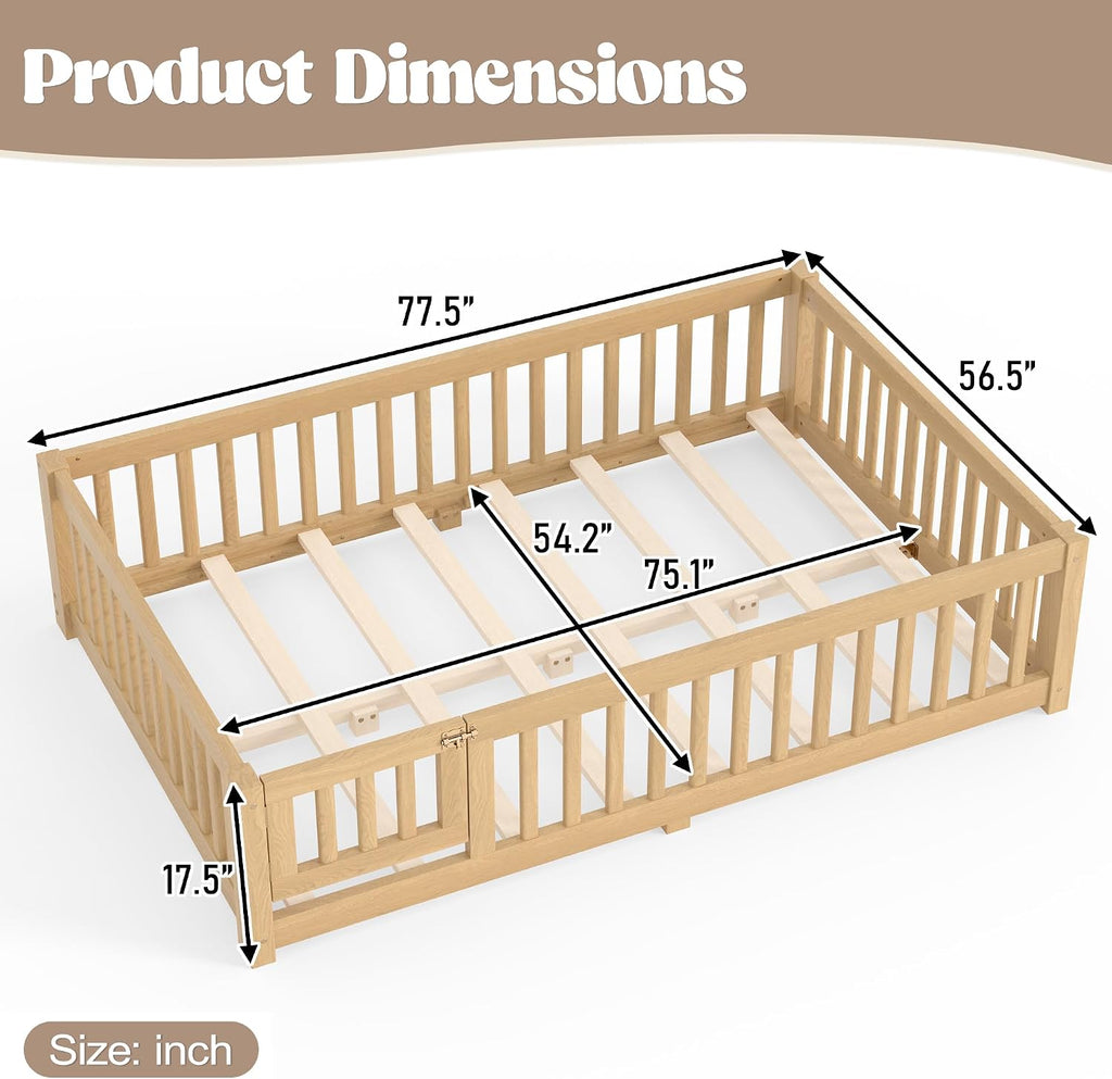 Montessori Floor Bed Frame with Slats and Fence for Kids, Natural