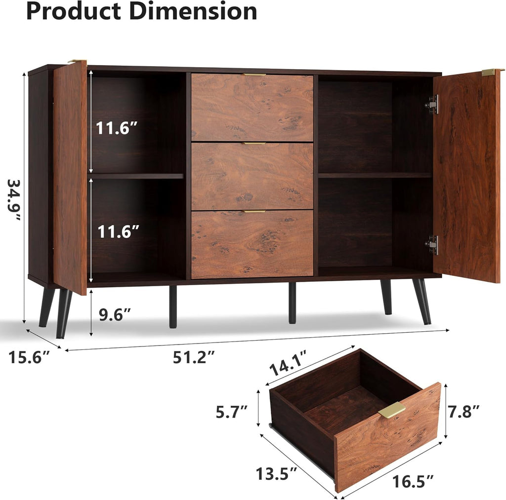 Buffet Cabinet with Drawers and Storage, 51.2 in Large Sideboard Buffet Credenza Storage Cabinet with Shelves and
