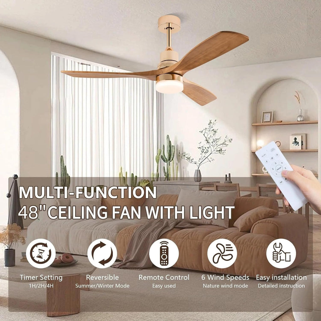 48 Inch Modern Ceiling Fan with Light and Remote,Solid Wood Blade