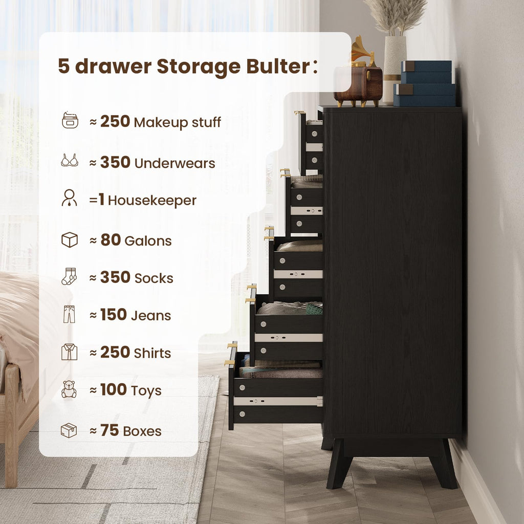 43" Hight Fluted 5 Drawers Dresser, Curved Edge, Black