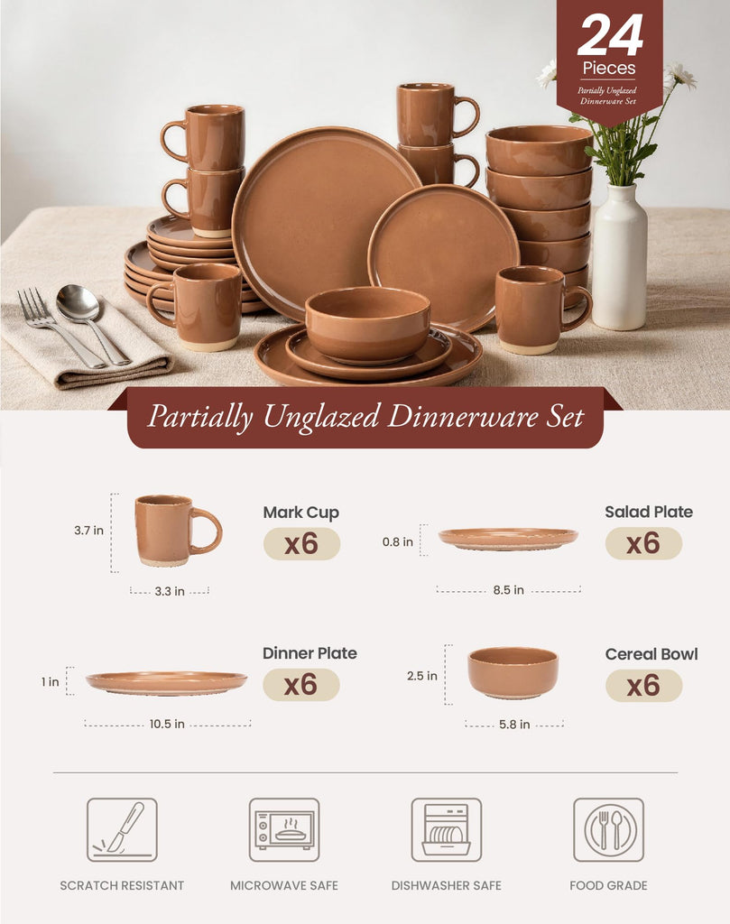 24-Piece Brown Stoneware Dinnerware Set for 6 with Mugs, Plates and Bowls Sets with Partially Unglazed Base, Scratch