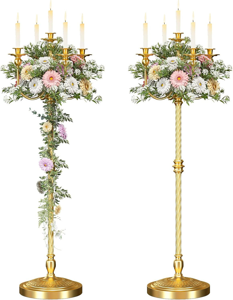 2 Pcs Floor Candelabra 50 Inch Gold Candelabra Centerpiece 5 Arms Floor Standing Candelabra Gold Candlestick Holder
