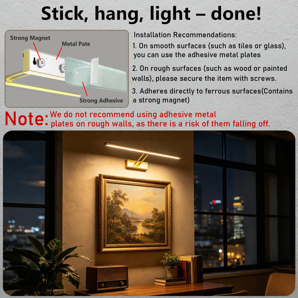 24" Wireless Picture Light, Dimmable Rechargeable Wall Light for Artwork