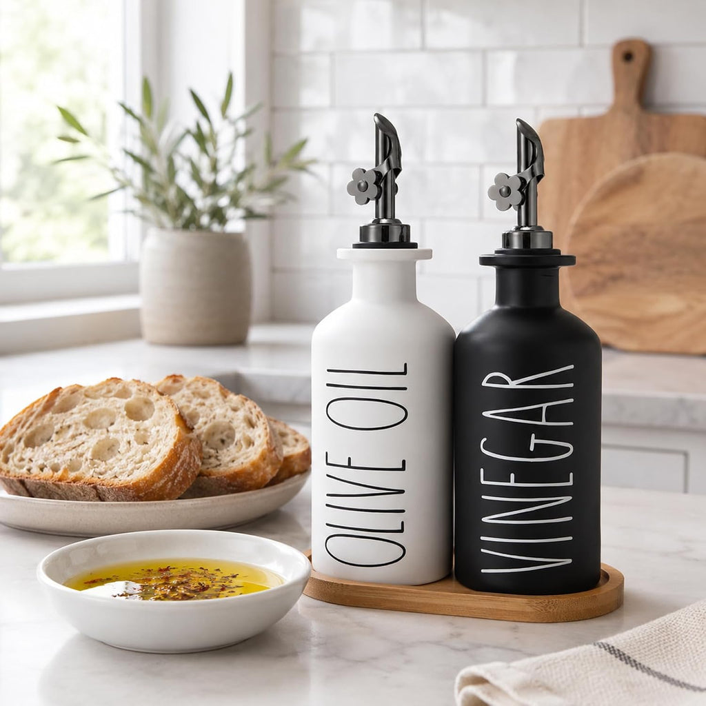 Premium Olive Oil Dispenser, 11.8oz Glass Oil Bottles with Bamboo Tray, Oil&Vinegar Cruet Set, Kitchen Dispenser - Set of 2