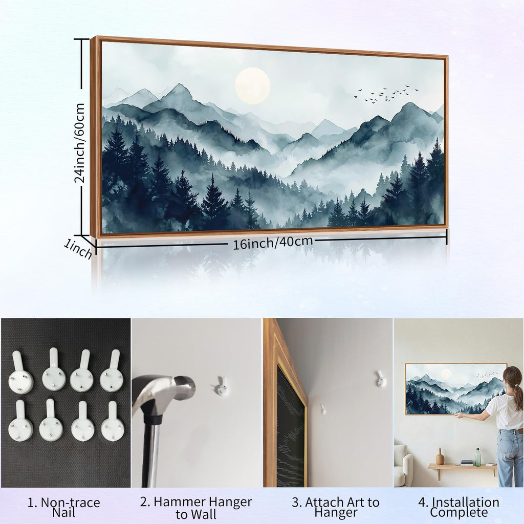 Large Foggy Mountain Framed Canvas Wall Art, Misty Forest Scenery Wall Decor, Minimalist Watercolor Landscape